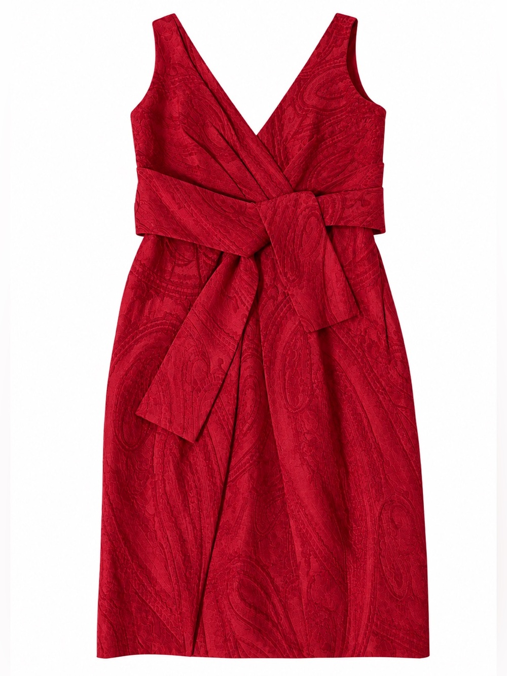 Monique Lhuillier Paisley Poppy V-Neck Textured Midi Dress with Waist Sash
